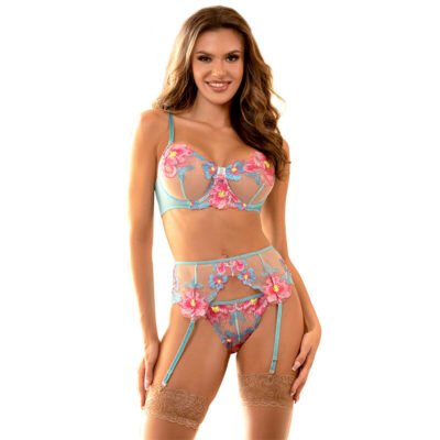 SUBBLIME - 954109 SUJETADOR + PANTIES CON LIGUERO DISEÑO FLORAL AZUL S/M