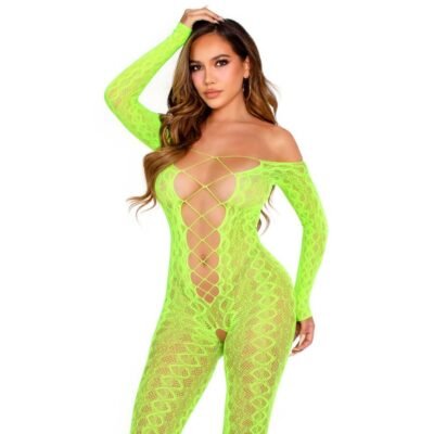 15157 LEG AVENUE - BODYSTOCKING SIN ENTREPIERNA DE ENCAJE DE SERPIENTE EXÓTICA VERDE NEÓN