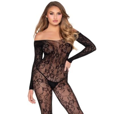 74251 LEG AVENUE - 89366 BODYSTOCKING DE LENCERÍA DE ENCAJE NEGRO - TALLA ÚNICA