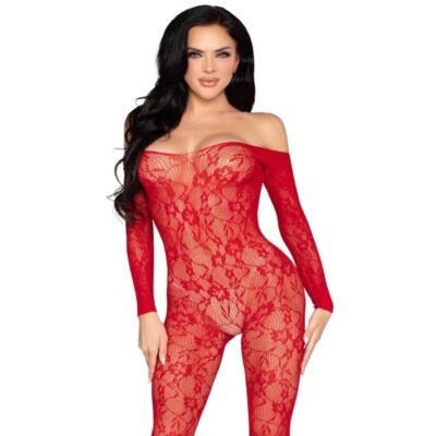 74252 LEG AVENUE - 89366 BODYSTOCKING DE LENCERÍA DE ENCAJE ROJO - TALLA ÚNICA