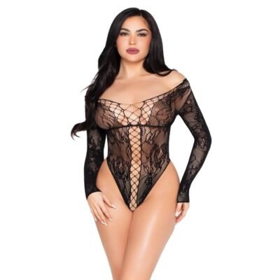 76470 LEG AVENUE - 89370 NET AND LACE TEDDY BLACK - ONE SIZE